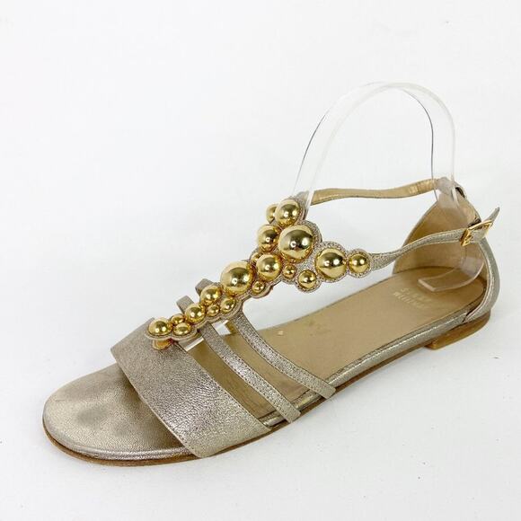 Stuart Weitzman Gold T Strap Beaded Sandals - Picture 1 of 7